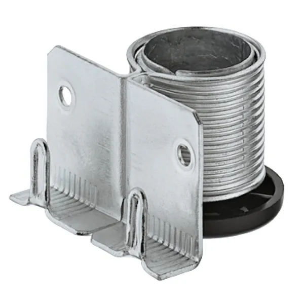 Plinth adjuster, with supporting bracket, for mounting in drilled hole and screw fixing
