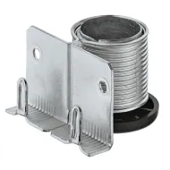 Plinth adjuster, with supporting bracket, for mounting in drilled hole and screw fixing