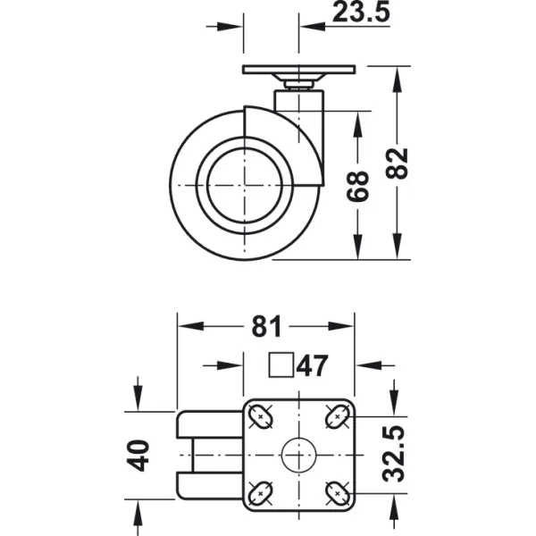 Twin wheel castor, Load bearing capacity 50kg, with screw-on plate