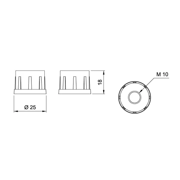 Tube end plug for tube Ø25mm for tube M10 internal metal