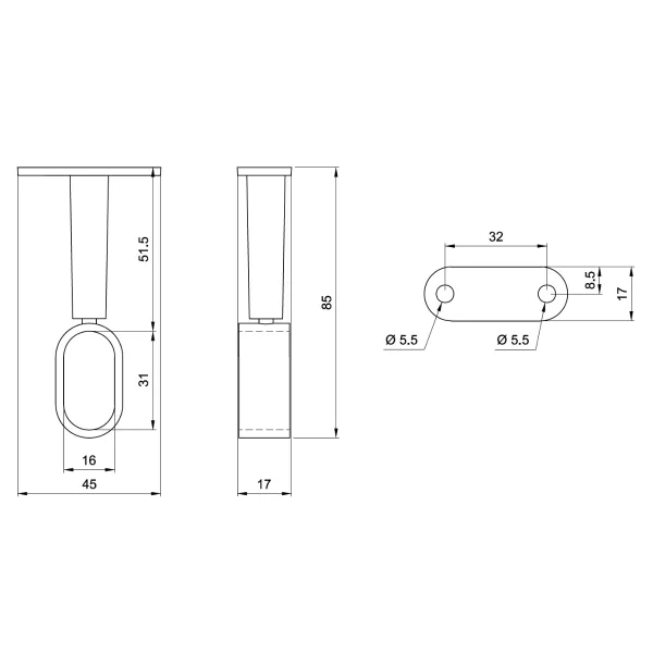 Mid support for oval tube 30x15mm, adjustable