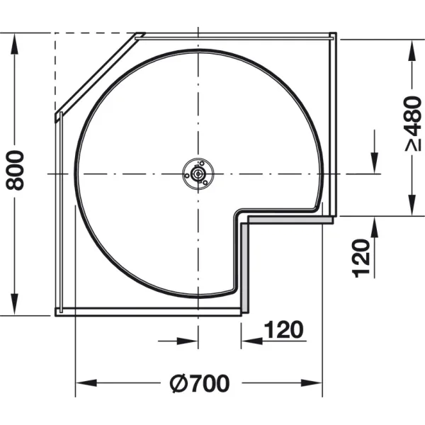 Karuselė 3/4 rato 900x900mm, H839-889mm, chromas su plokštės dugnu