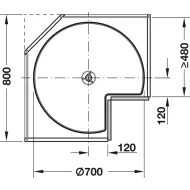 Three quarter circle carousel fitting, corner cabinet, with carousel shelf, 90° door
