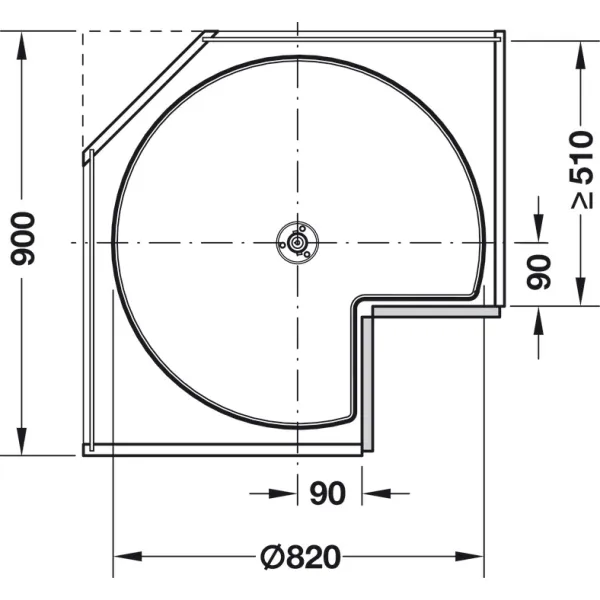 Karuselė 3/4 rato 900x900mm, H839-889mm, chromas su plokštės dugnu