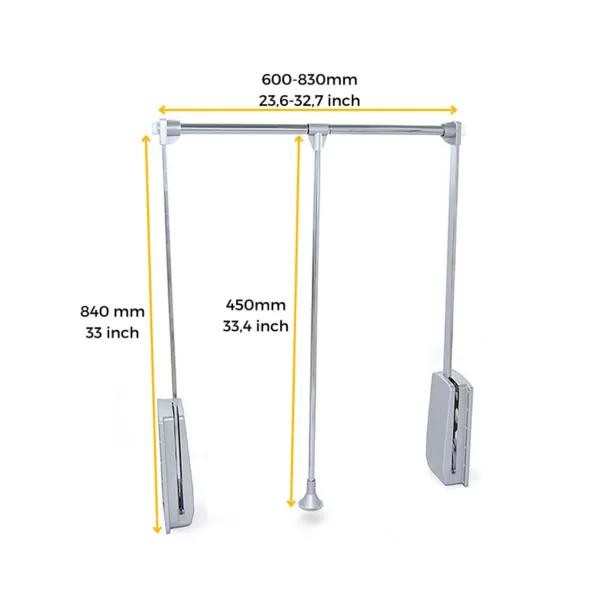 Hang pull down wardrobe rail lift, W600-830mm, Chrome plated, Steel and Plastic