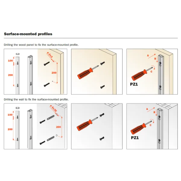 Screws for wood panel and screws with wall plugs for PIN profile with aluminium finish
