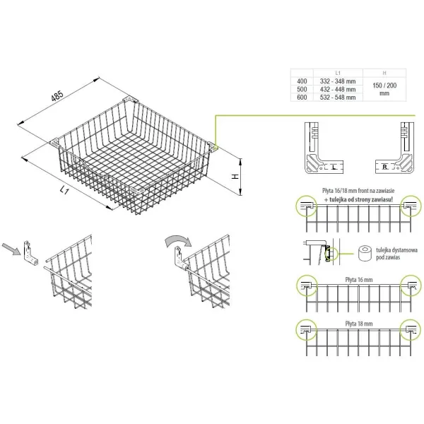 Pull-out drawer/basket SIMPLA, W500mm, H200mm, gray
