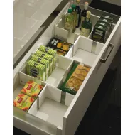 Food storage container insert, for front pull-outs and internal drawer boxes with railing