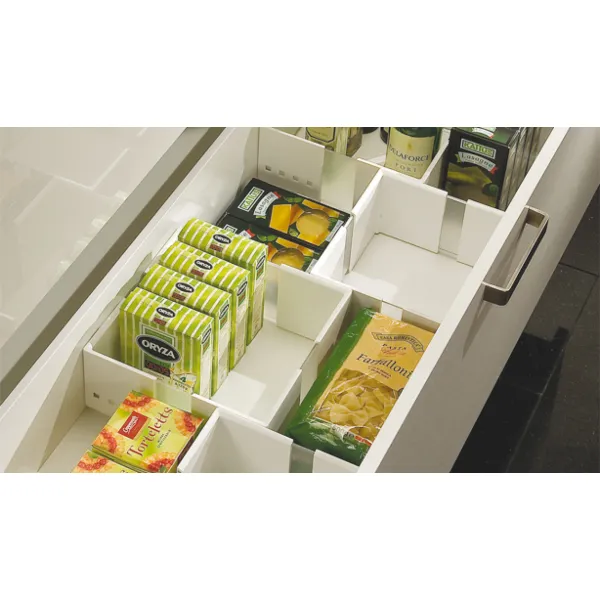 Food storage container insert, for front pull-outs and internal drawer boxes with railing
