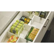 Food storage container insert, for front pull-outs and internal drawer boxes with railing