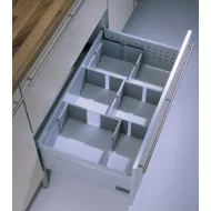 Food storage container insert, for front pull-outs and internal drawer boxes with railing