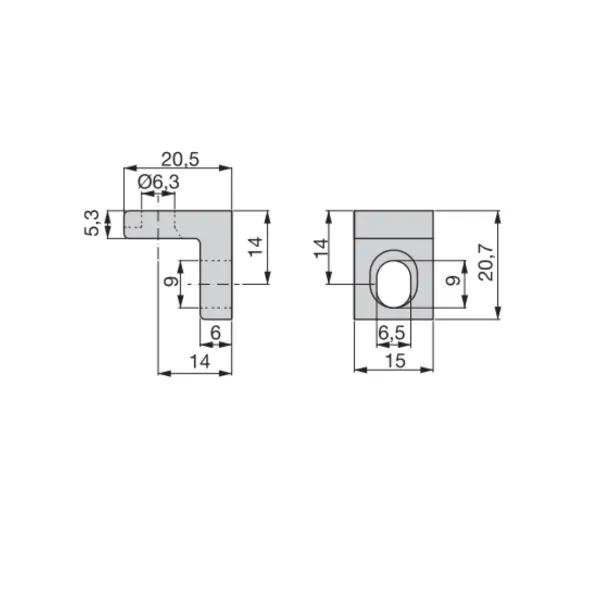 Jungtis kampinė metalinė 20,5x20,5mm,