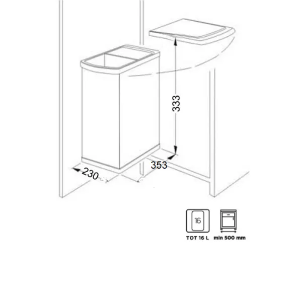 Wastebin, mounts to cabinet side or rear wall, 230x353mm H333mm 16l gray