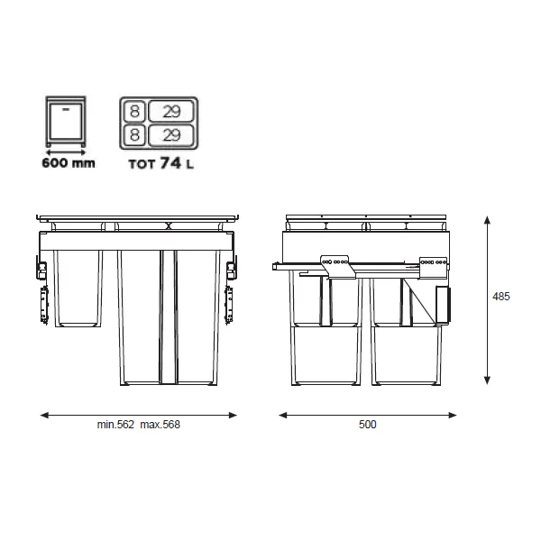 Pull-out wastebin 580EVO Line, W600mm, Ø502mm, H485mm, 2x8+2x29l, orion grey