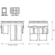 Pull-out wastebin 580EVO Line, W600mm, Ø502mm, H485mm, 2x8+2x29l, orion grey