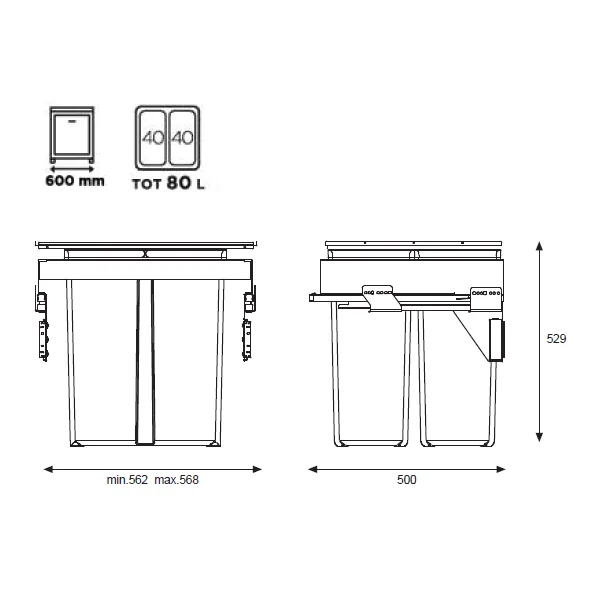 Pull-out wastebin 580EVO Line, W600mm, Ø502mm, H529mm, 2x40l, orion grey