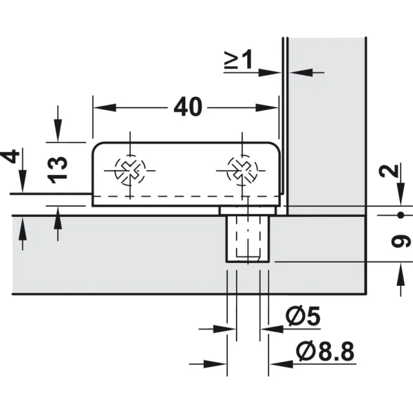 Hinge, for glass/wood constructions, inset mounting, opening angle 110°