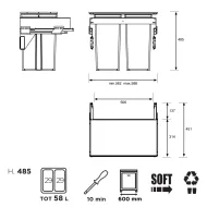 Šiukšliadėžė ištraukiama 580EVO Compact Line, P600mm, G451mm, H485mm, 2x29l, antracitas