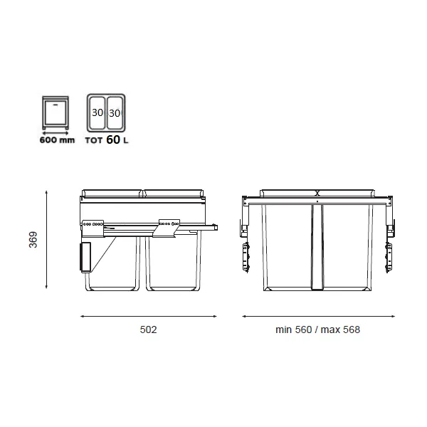 Šiukšliadėžė ištraukiama 580PLUS Line, P600mm, Ø502mm, H368mm, 2x30l, antracitas
