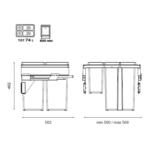 Šiukšliadėžė ištraukiama 580PLUS Line P600mm, Ø502mm, H463mm, 2x8+2x29l, antracitas