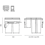 Šiukšliadėžė ištraukiama 580PLUS Line P600mm, Ø502mm, H463mm, 2x8+2x29l, antracitas