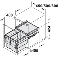 Šiukšliadėžė 2x28l pilno ištraukimo 400x424mm, pilka