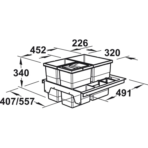 Three compartment waste bin, 1x18 and 2x8 litres and 2 storage compartments, Separato-K
