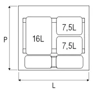 Three compartment wastebin, with bottom tray 31l gray