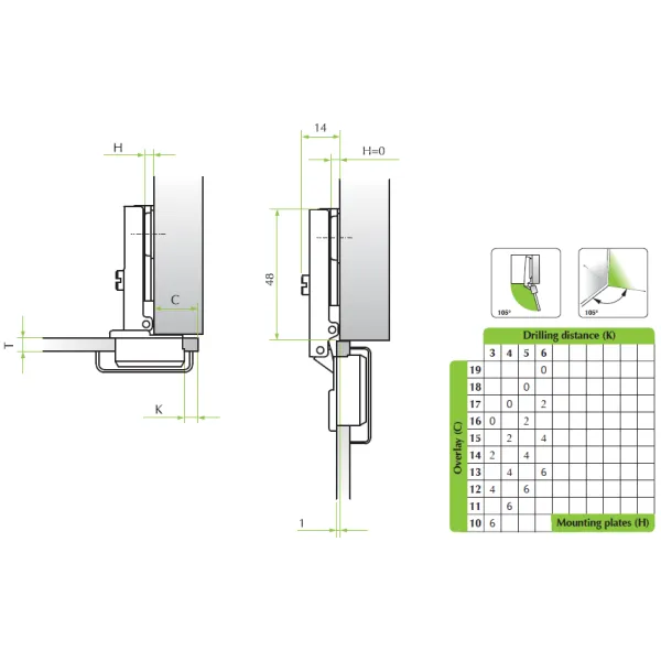 Hinge for glass 26°, full overlay, 0mm