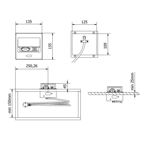 AVARO pull-out power socket, 1xSchuko, 2xUSB A, cable L1.5m, white