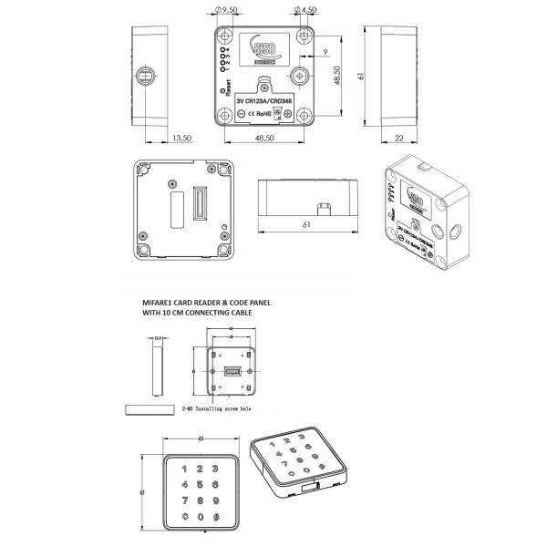Invis. Mifare1 Lock "Mini" W/Card Reader & Code Panel, ABS, Black, 61x61x22mm SISO DK logo No Accessories, No Striker or Batteries