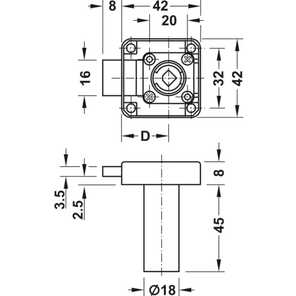 Deadbolt rim lock, Häfele Symo, with extended cylinder housing, backset 25mm