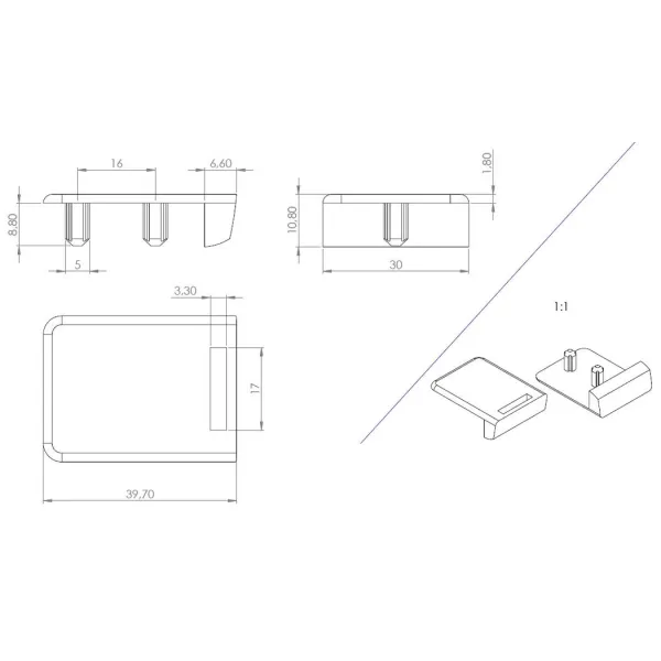 Edge striker for glass door lock SQUARE, with knock-in pins, alu finish
