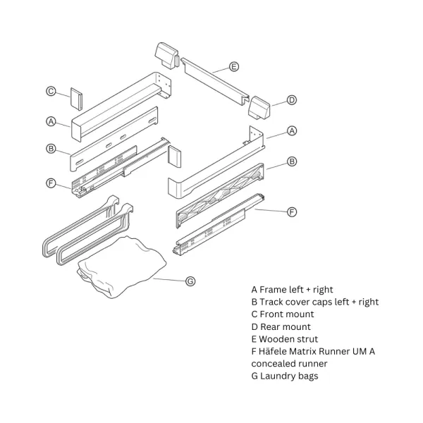 Ištraukiamų krepšių skalbiniams komplektas Conero 72 H, P810-870mm, 3 siauri krepšiai