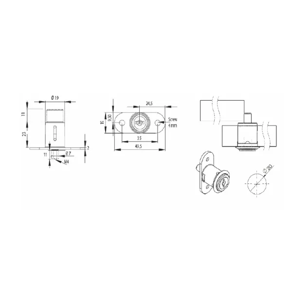 Push button lock 1003, for sliding doors, Ø19x23mm, key to differ, nickel plated