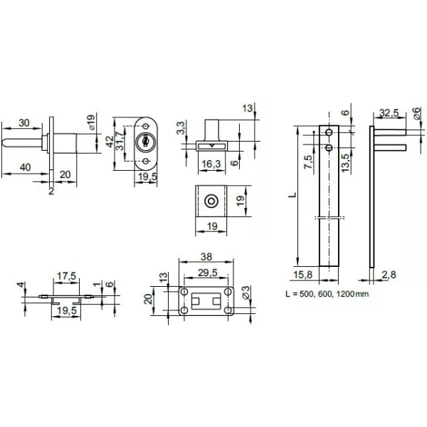 Central lock 1018 L600mm 3x13mm, 40mm tail, nickel plated