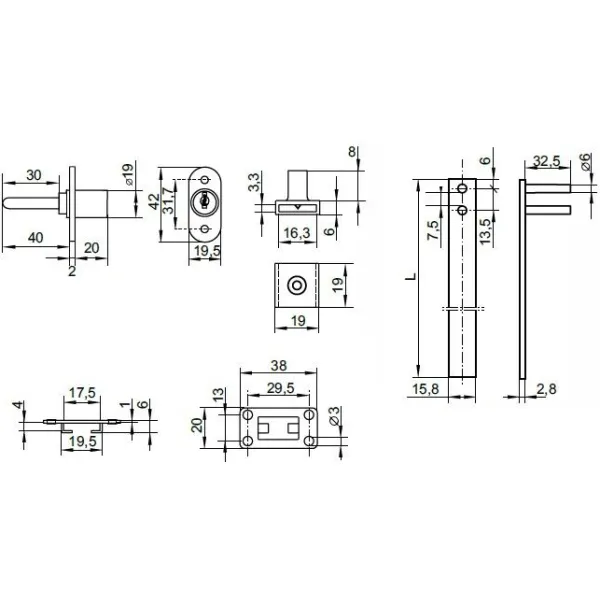 Central lock 851N L500mm, Ø19x22mm 8mm, lateral lock, nickel plated