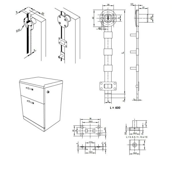 Spynelė centrinė 851N šoninis užraktas L600mm, Ø19x22mm, 8mm,