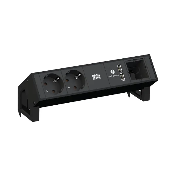 Power distributing unit DESK2 2xCEE7/3, 1 double USB charger, 1 custom module, L200mm GST18, black