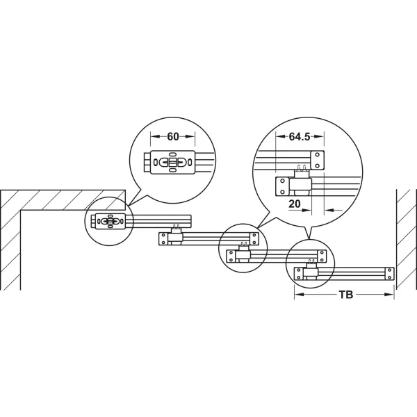Additional set for telescopic opening, for Häfele Slido D-Line11 50P / 80P / 120P, 50C / 80C / 120C