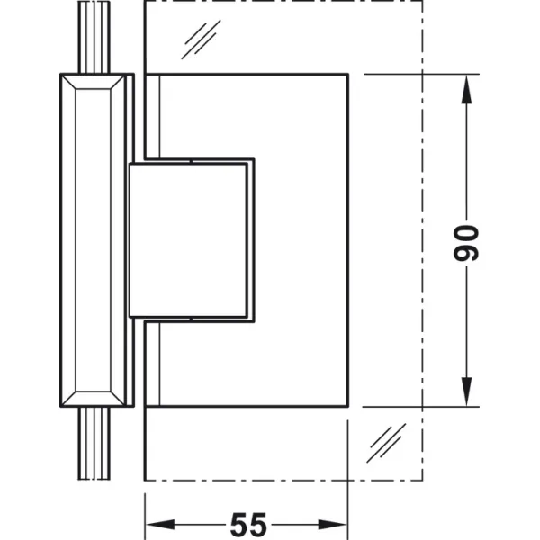 shower door hinge, for glass-glass connections, 90° glass front
