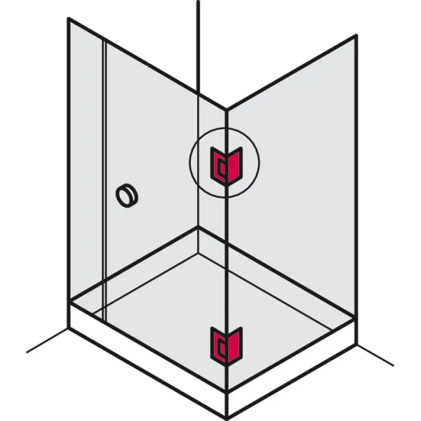 shower door hinge, for glass-glass connections, 90° glass front