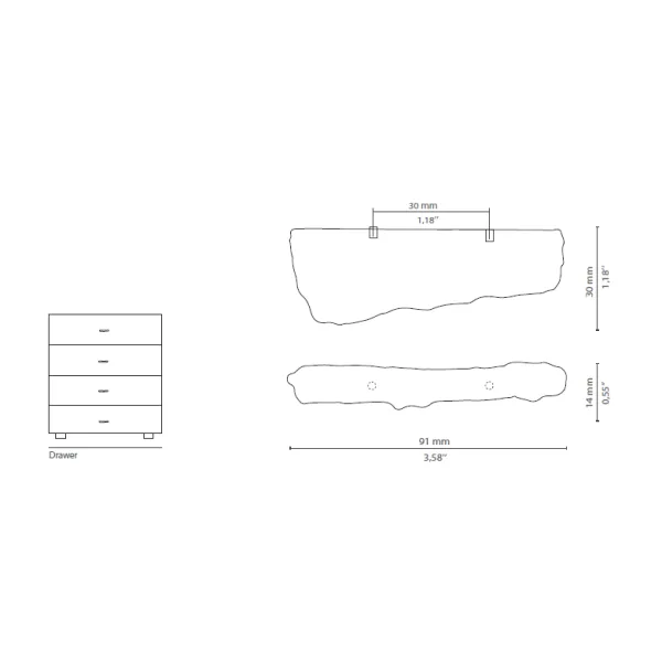 Handle KESYA CC30mm L91mm H30mm P14mm polished brass 