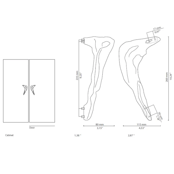 Handle KERMA CC235mm L260mm H80mm P115mm right, polished brass 