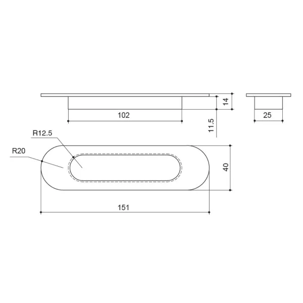 Recessed handle 151x40mm stainless steel