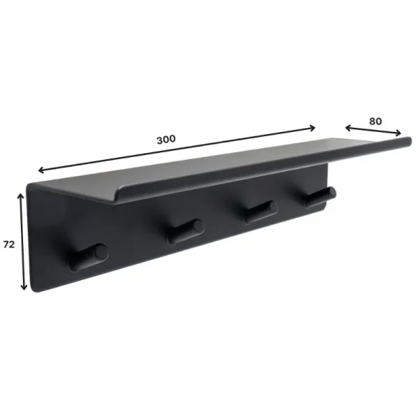 Hook with shelf 4 BASE self-adhesive 300x72x80mm matt black