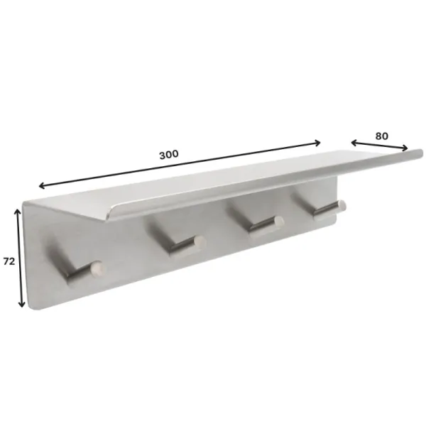 Hook with shelf 4 BASE self-adhesive 300x72x80mm brushed stainless steel