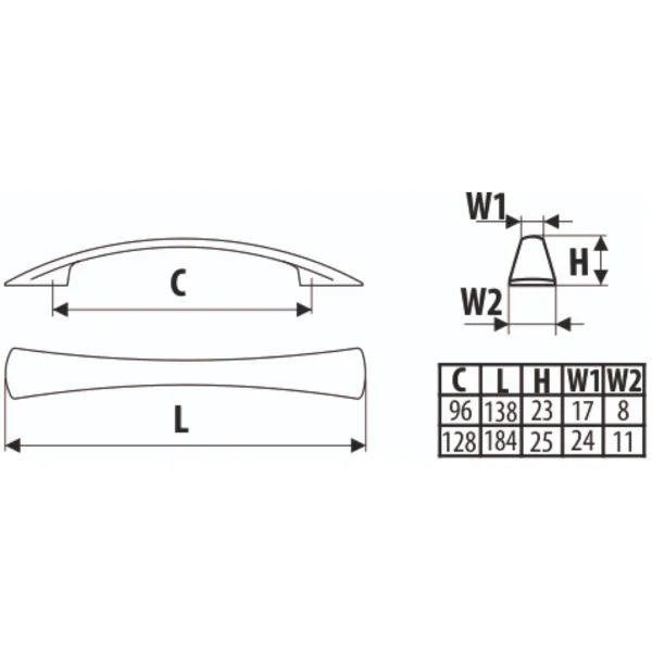 Handle CC128mm L184mm matt nickel