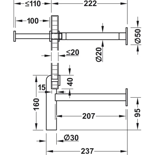 Wardrobe fitting set, Stainless steel, for wooden and glass panels, wall mounting