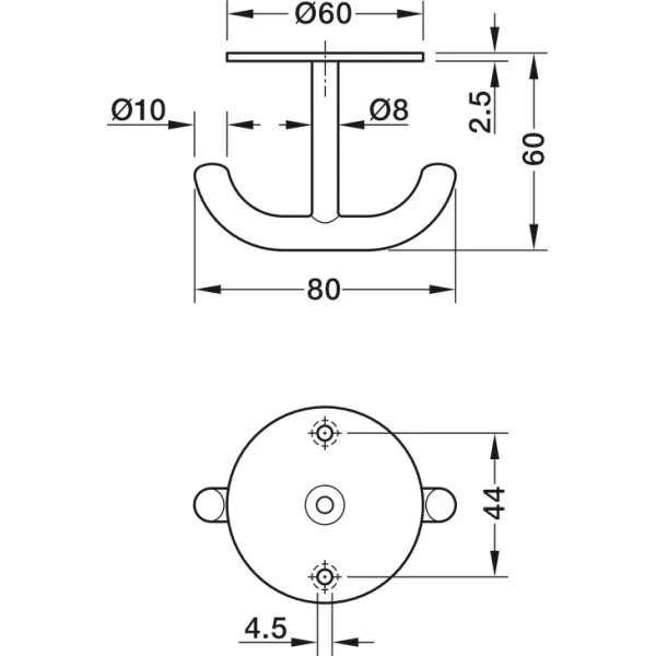 Ceiling hook, Stainless steel, with 2 hooks, ceiling installation